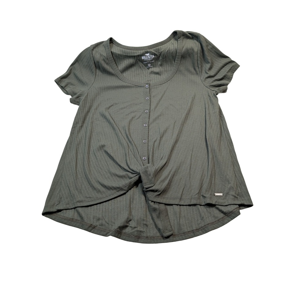 Hollister Women Easy T-Shirt Medium Olive Green Ribbed Front Knot Henley